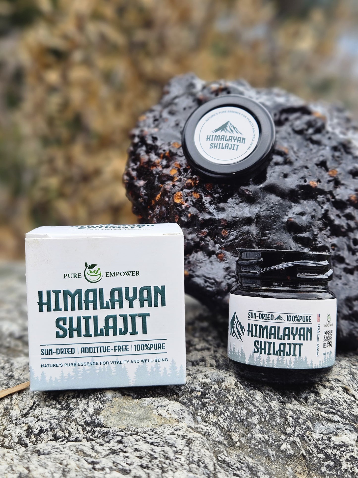 Pure Empower Shilajit 50g | Powerful Himalayan Resin | Gold Grade Hand-Collected Rocks | Full-Sun Dried & Naturally Purified for Energy, Strength & Stamina